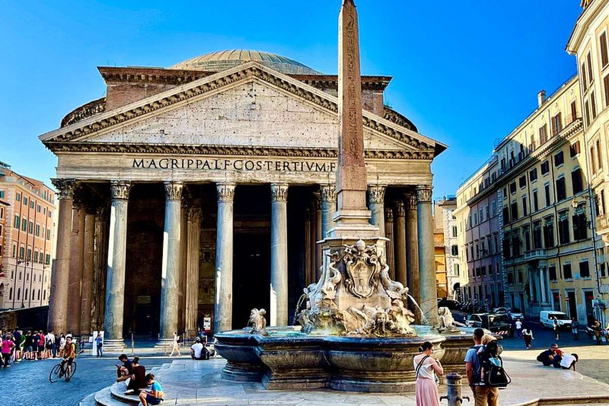 The portico of the Pantheon above the fountain on Piazza della Rotonda