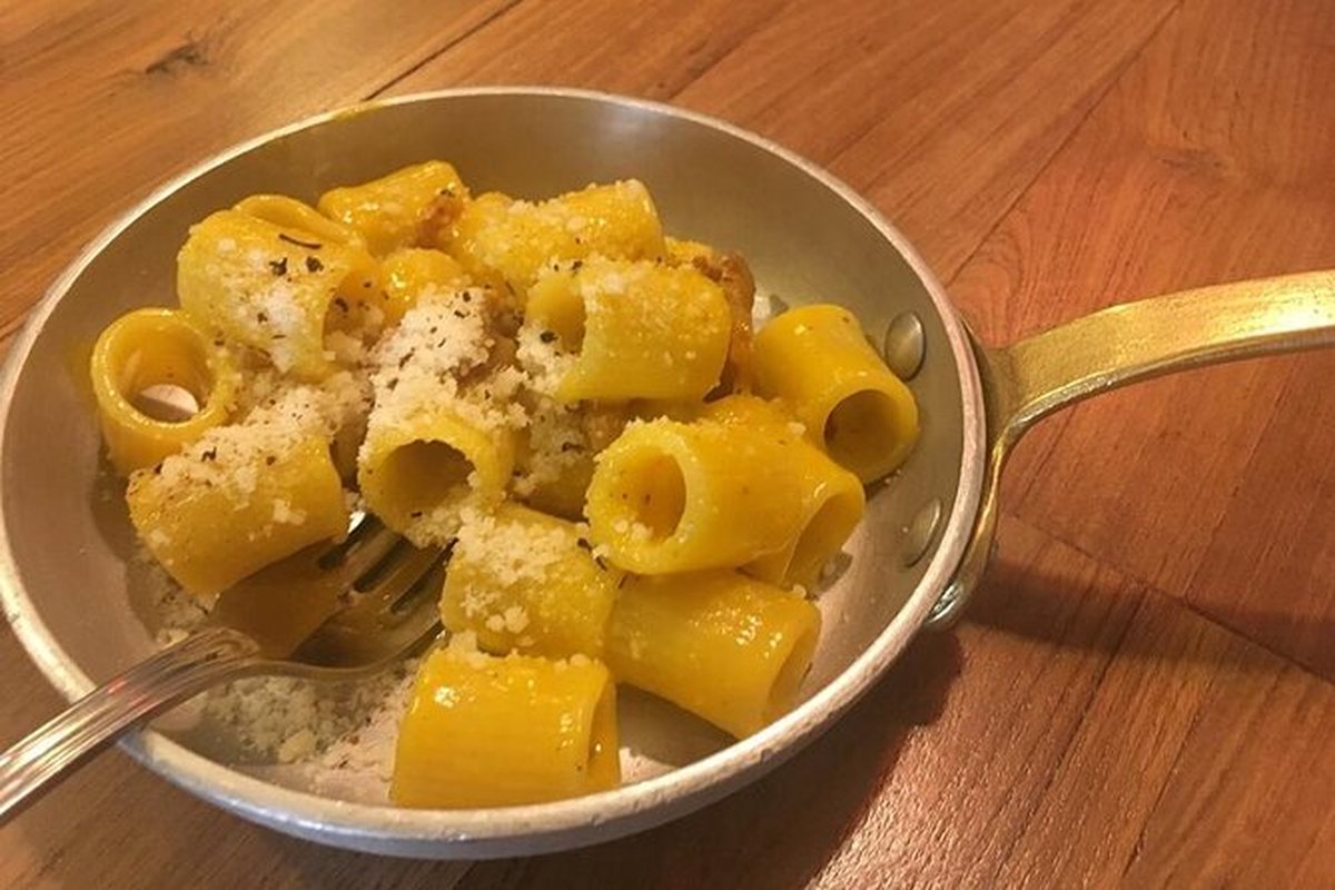 Rigatoni served straight from the copper pan it was finished in